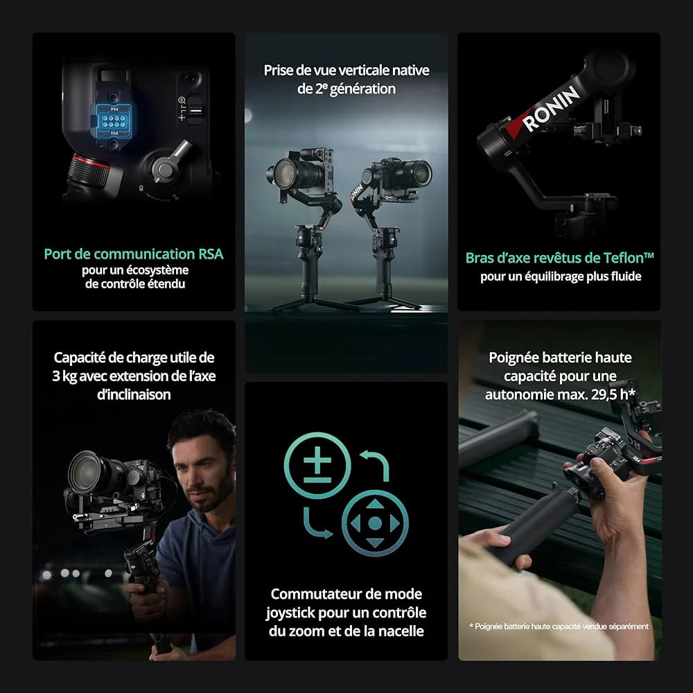 DJI RS 4, Stabilisateur de Nacelle à 3 Axes pour Caméras DSLR et sans Miroir Canon/Sony/Panasonic/Nikon/Fujifilm, Prise Verticale Native, Joystick à 2 Modes, Bras en Téflon + Moteur Focus Pro