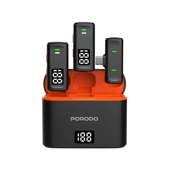 Double Micros Cravate sans fil – avec Boitier de chargement et adaptateur Lightning – affichage numérique – Porodo – PD-WCDMIC-BK – Noir