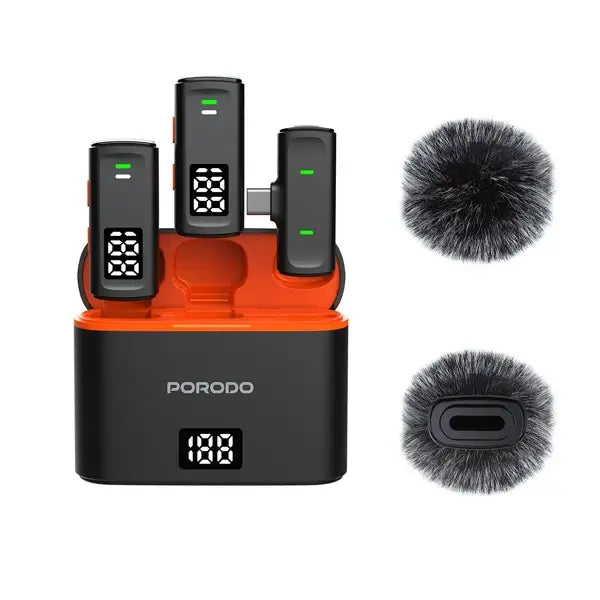 Double Micros Cravate sans fil – avec Boitier de chargement et adaptateur Lightning – affichage numérique – Porodo – PD-WCDMIC-BK – Noir