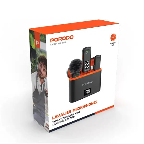 Double Micros Cravate sans fil – avec Boitier de chargement et adaptateur Lightning – affichage numérique – Porodo – PD-WCDMIC-BK – Noir