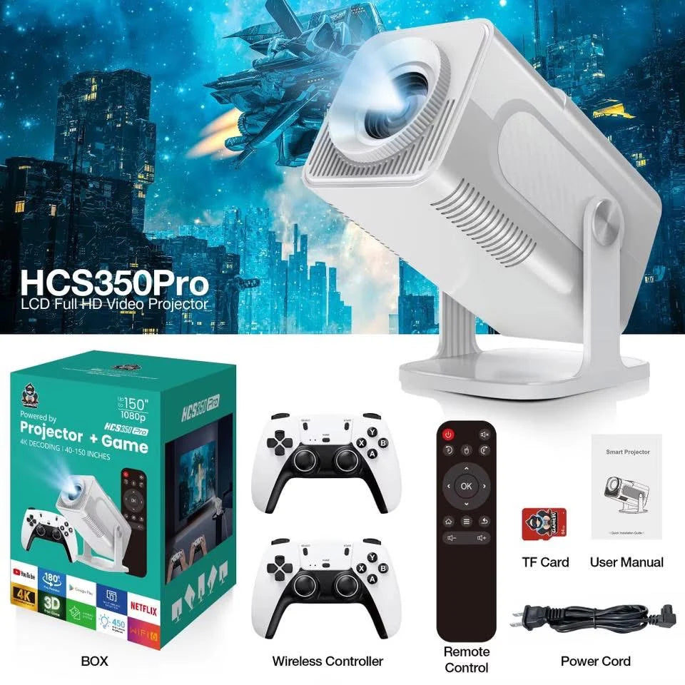 Projecteur et jeu HCS350 Pro, projecteur de jeu intelligent rétro 4K 1280 * 1080P intégré 30000 jeux, jeu vidéo portable avec 2 manettes sans fil, 5G WiFi Bluetooth, HDMI, Android 12, home cinéma, bureau