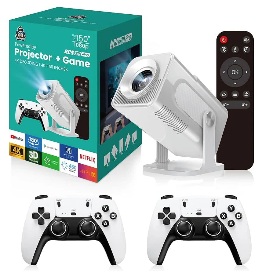 Projecteur et jeu HCS350 Pro, projecteur de jeu intelligent rétro 4K 1280 * 1080P intégré 30000 jeux, jeu vidéo portable avec 2 manettes sans fil, 5G WiFi Bluetooth, HDMI, Android 12, home cinéma, bureau