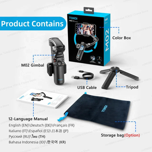 TOKQI M02 AI Stabilisateur portatif à 3 axes pour téléphone, anti-secousses avec contrôle gestuel, télécommande