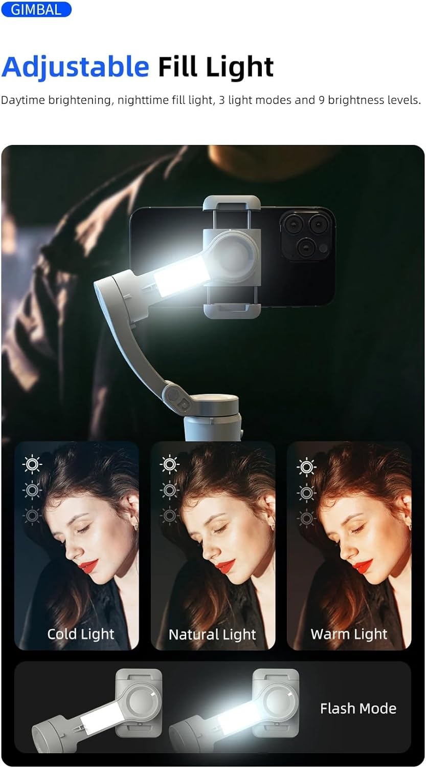 TOKQI M01 Support de téléphone à cardan 3 axes portable Stabilisateur d'enregistrement vidéo anti-tremblement pour smartphones, Vlogs, Tiktok, Yotube.