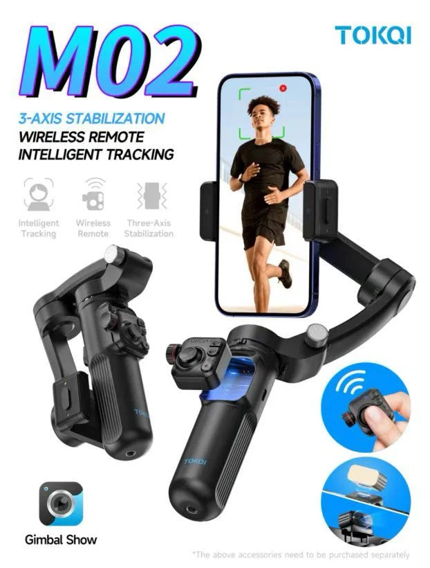 TOKQI M02 AI Stabilisateur portatif à 3 axes pour téléphone, anti-secousses avec contrôle gestuel, télécommande